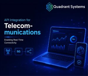 API integration for telecommunications showing connected billing, network, and customer systems